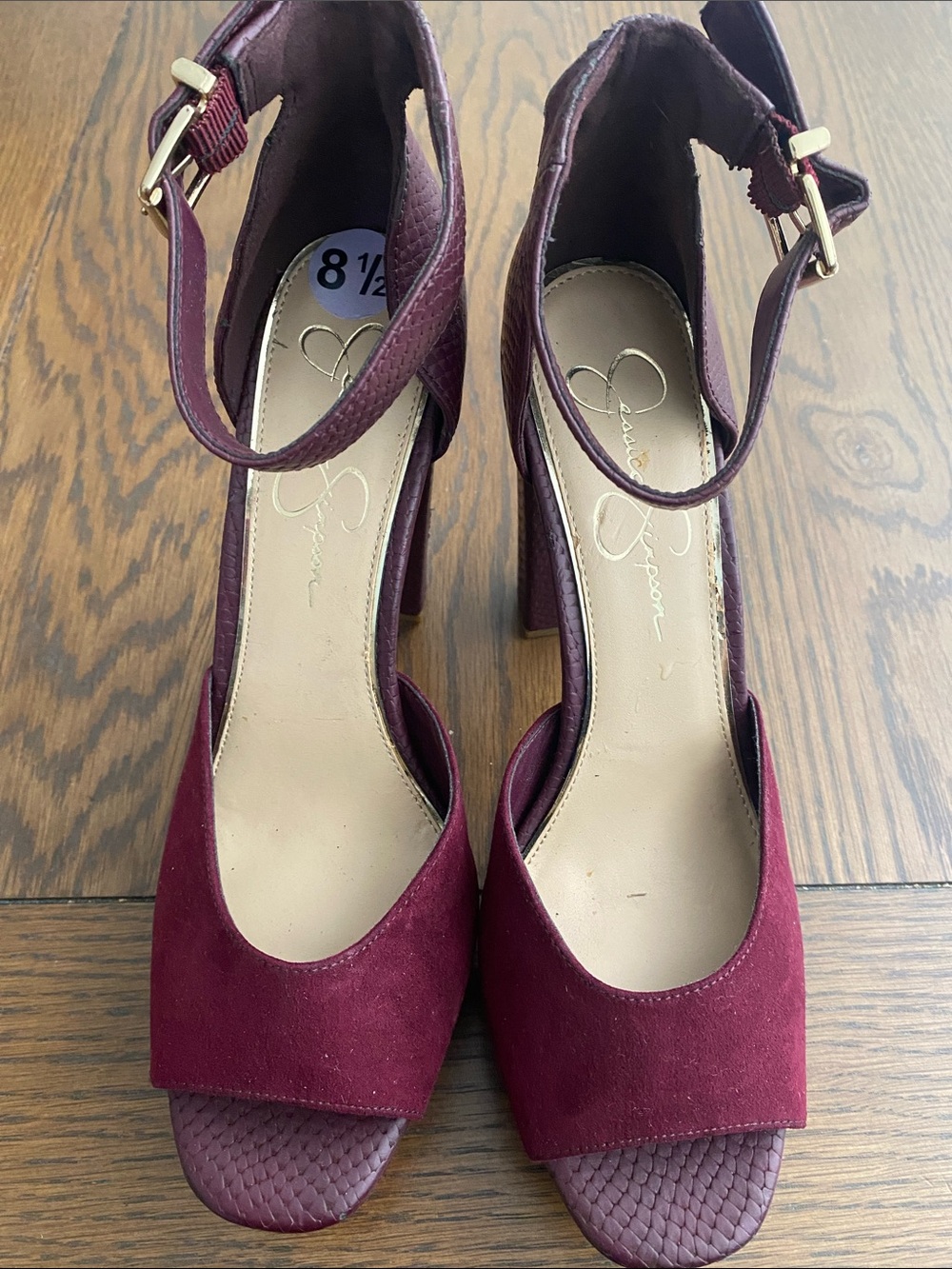 Jessica Simpson Burgundy Suede Open-Toe Ankle-Strap Block Heels